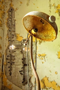 "Aged", Contemporary, Abandoned Yellow Vintage Lamp, Color Photo, Metal Print