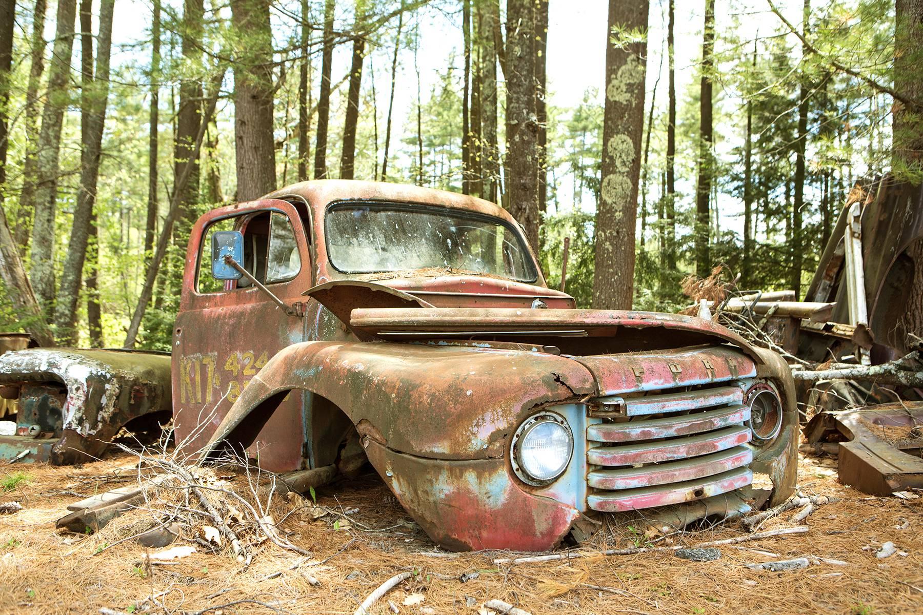 "At Rest", color photo, metal print, ford, antique, landscape, automobile