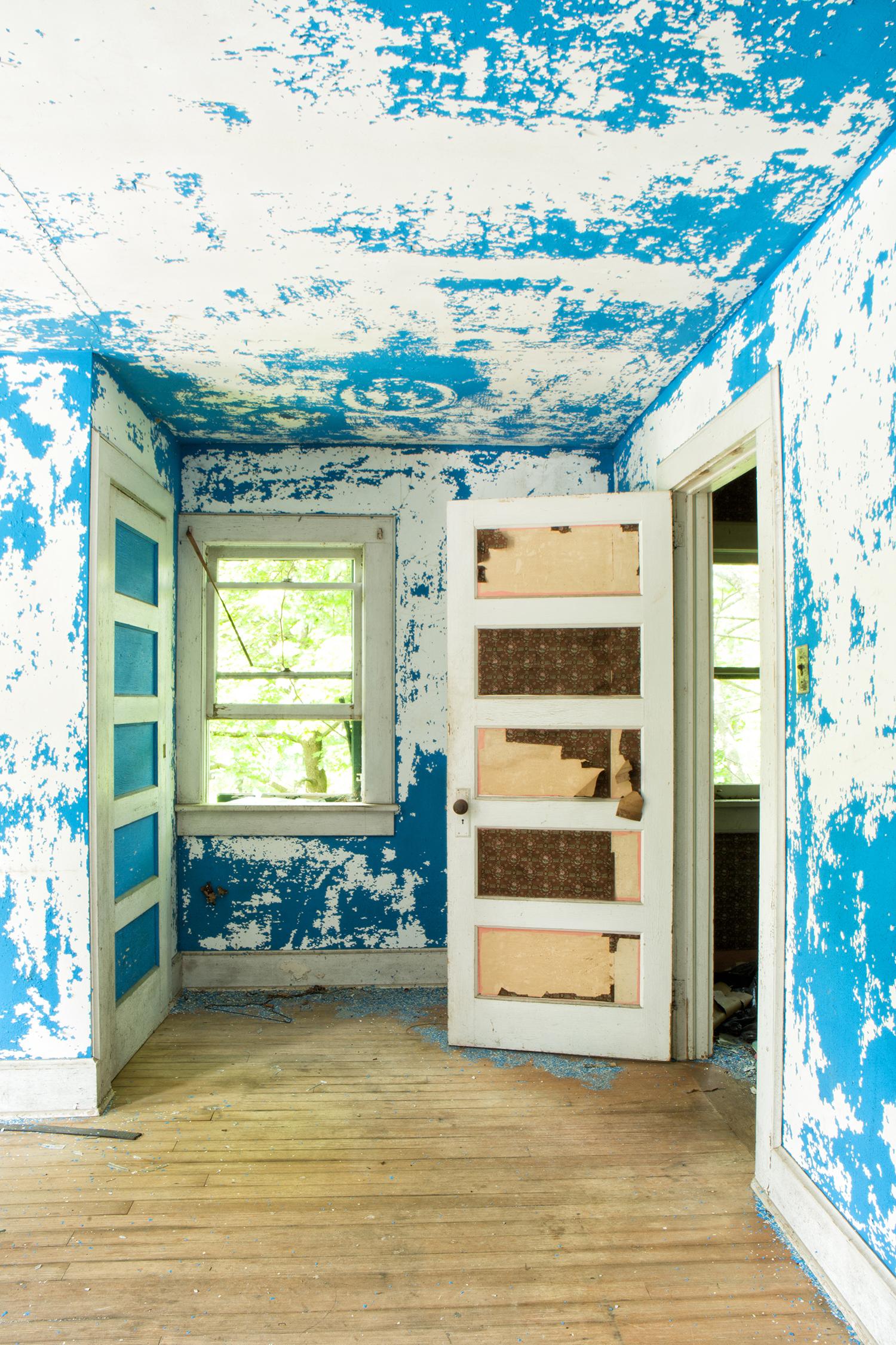 "Blue Room", contemporary, interior, farmhouse, door, metal print, photograph - Photograph by Rebecca Skinner
