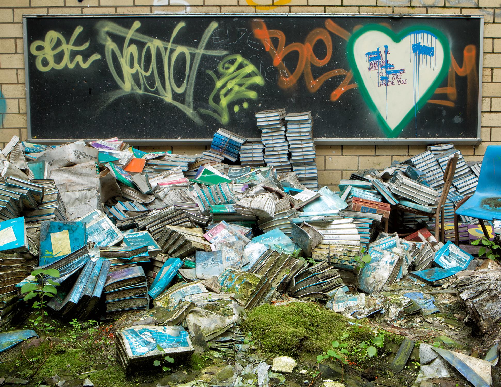 « Book Beauty 5 », Rebecca Skinner, abandonné, imprimé métallique, vert, bleu 12x18 en vente 1