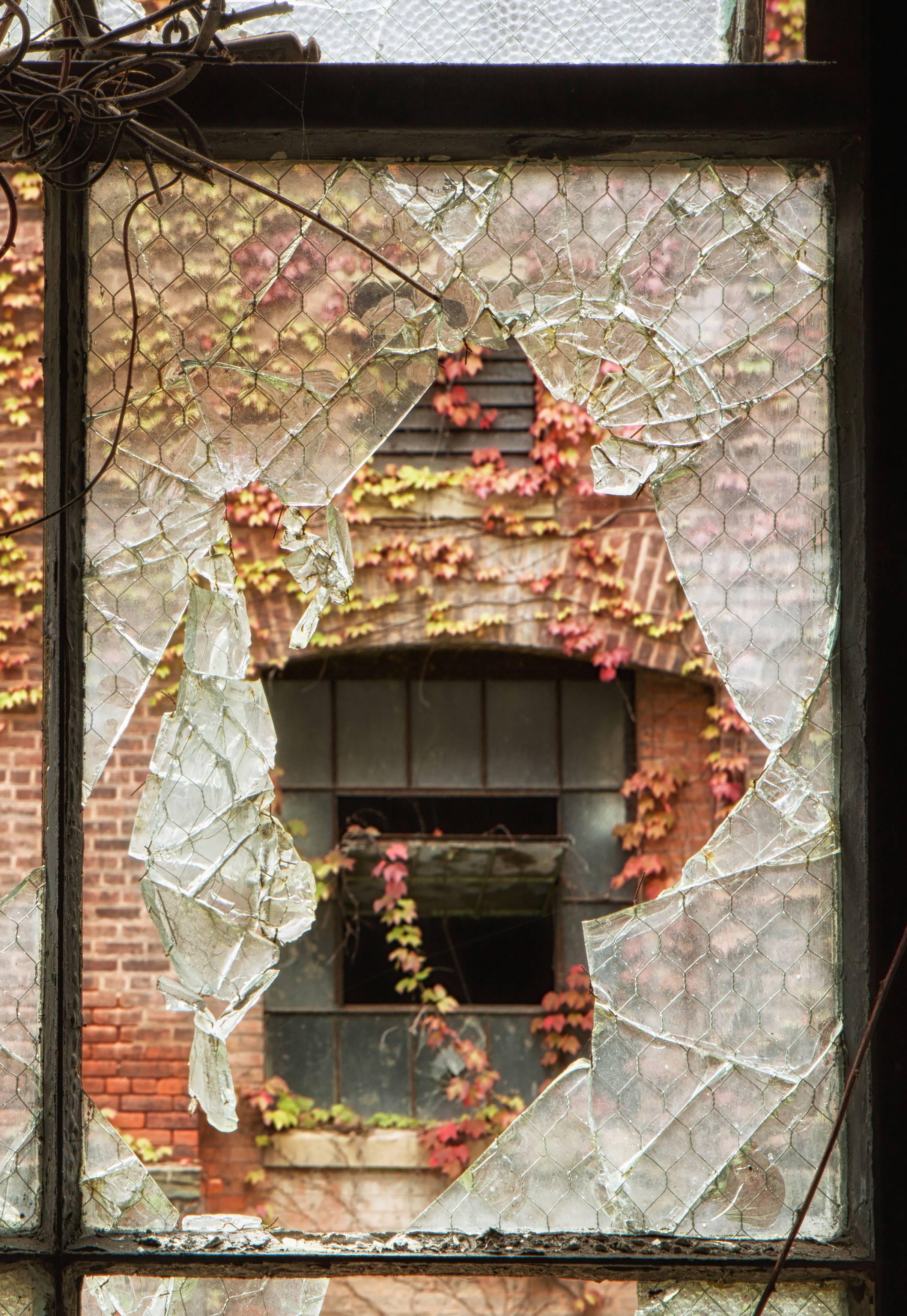 „Broken“, Farbfoto, Herbst, verlassen, Fabrik, Fenster, Industrie, Metalldruck (Zeitgenössisch), Photograph, von Rebecca Skinner
