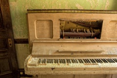 "Circumstance", color photograph, piano, abandoned, peach, green, metal print