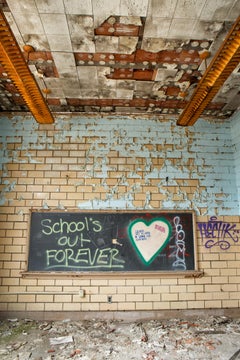 "Disorderly", abandoned, school, graffiti, chalkboard, blue, color photograph