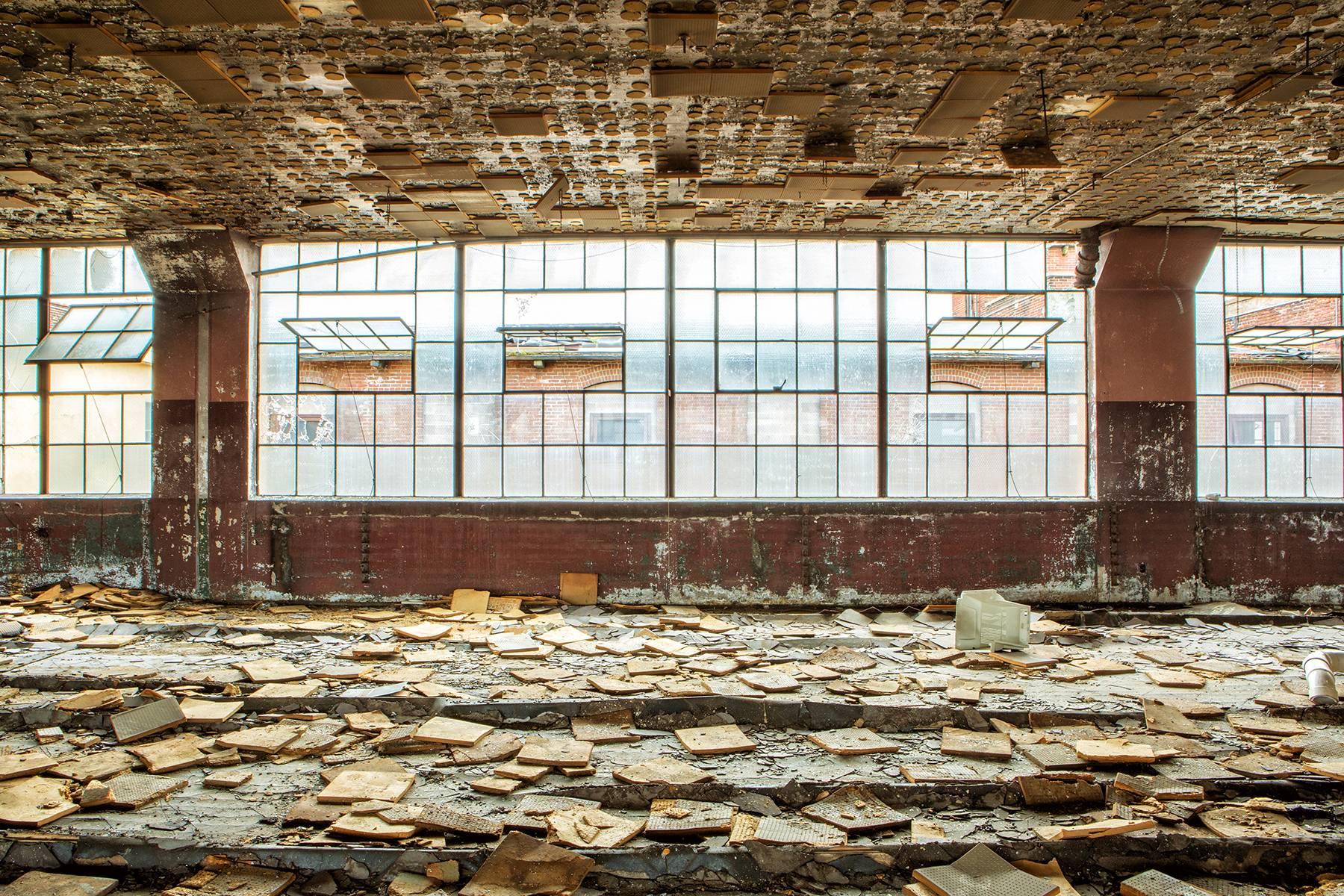 "Domino Room", color photo, abandoned, factory, industrial, windows, brown