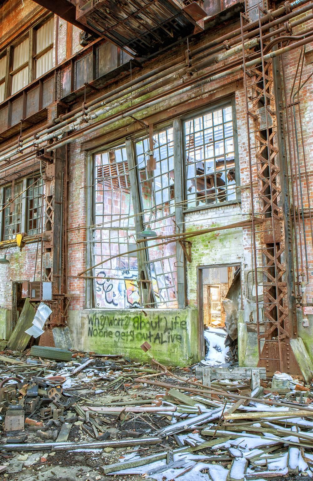"Endure", abandoned, industrial, metal print, blue, green, color photograph - Photograph by Rebecca Skinner