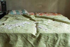 "Exhausted", Contemporary, Abandoned, Bed, TV, Green, Quilt, Color Photograph