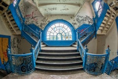 "Faded Footsteps", abandoned school, blue, iron, stairs, metal print, photograph