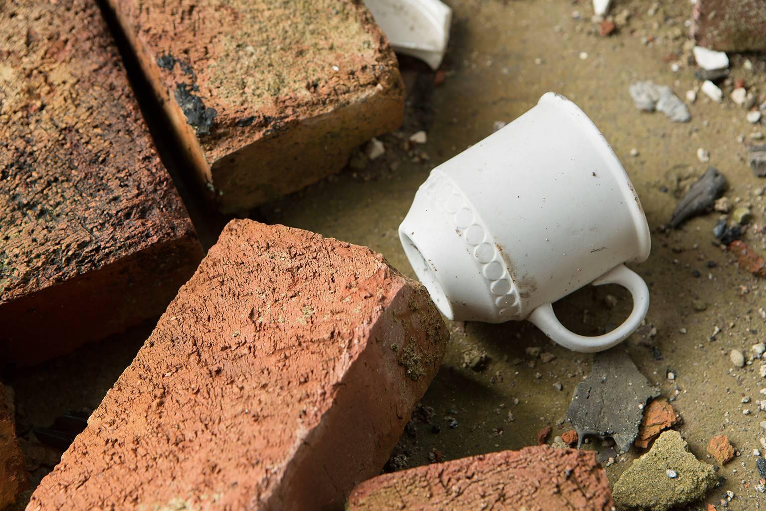 "Fallen", contemporary, abandoned, factory, cup, brick, white, red, color photo