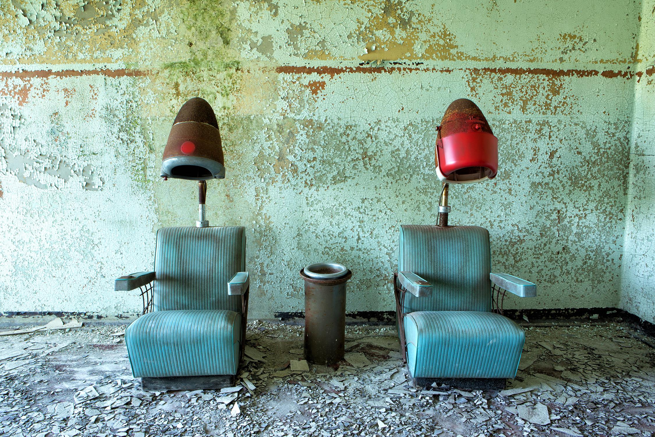 Rebecca Skinner Still-Life Photograph - "Gossip", color photograph, abandoned salon, metal print, vintage, blue, green