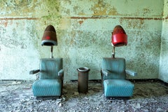 "Gossip", contemporary, abandoned, salon, vintage, blue, green, color photograph
