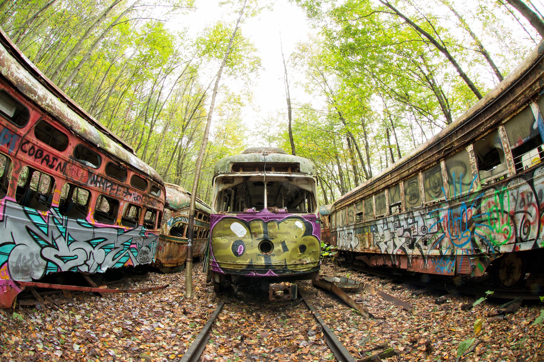 "Graffiti Yard", abandoned, trolley, landscape, rusty, train, color photograph