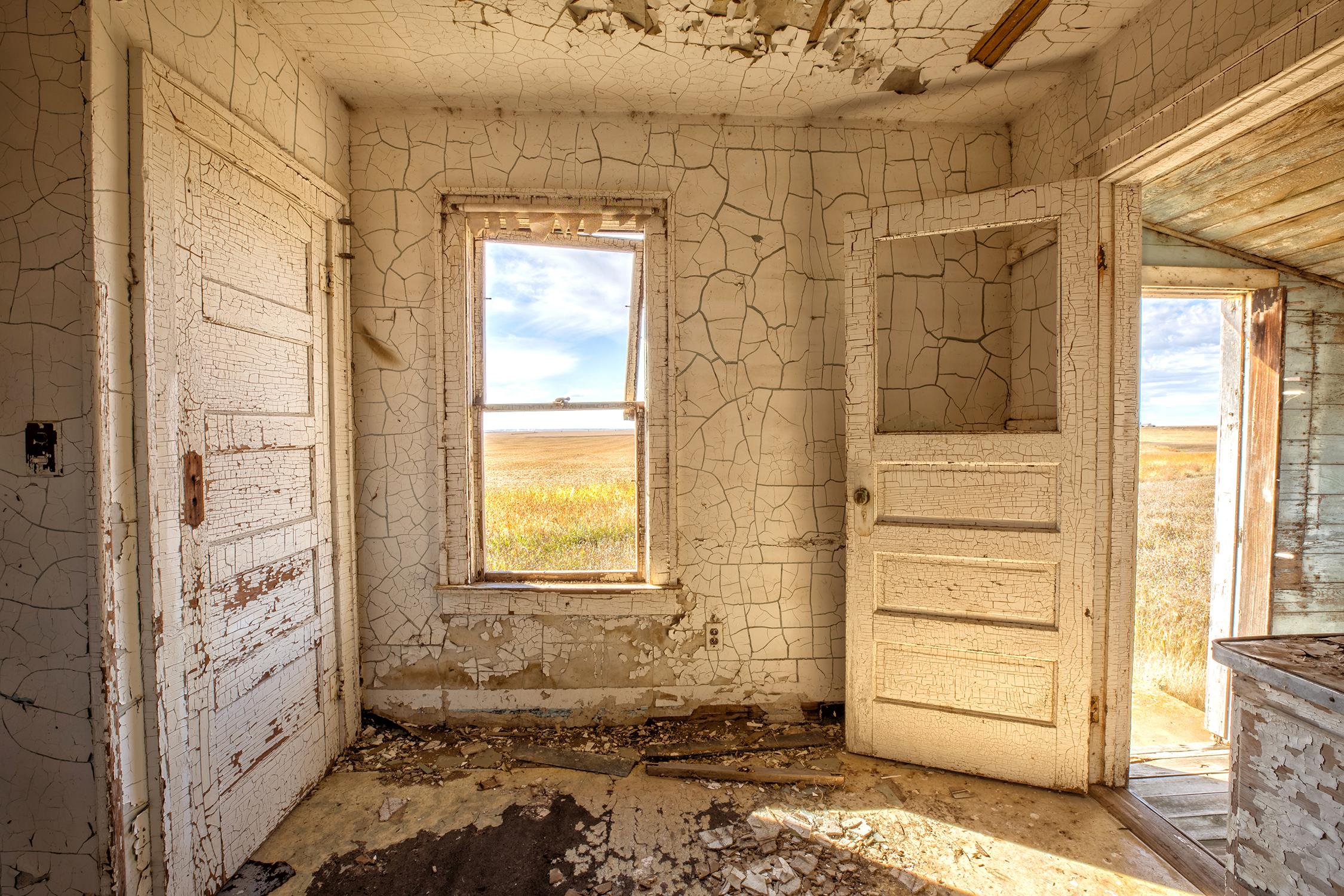 Rebecca Skinner Still-Life Photograph - "Interior III", contemporary, window, abandoned, doors, white, color photograph