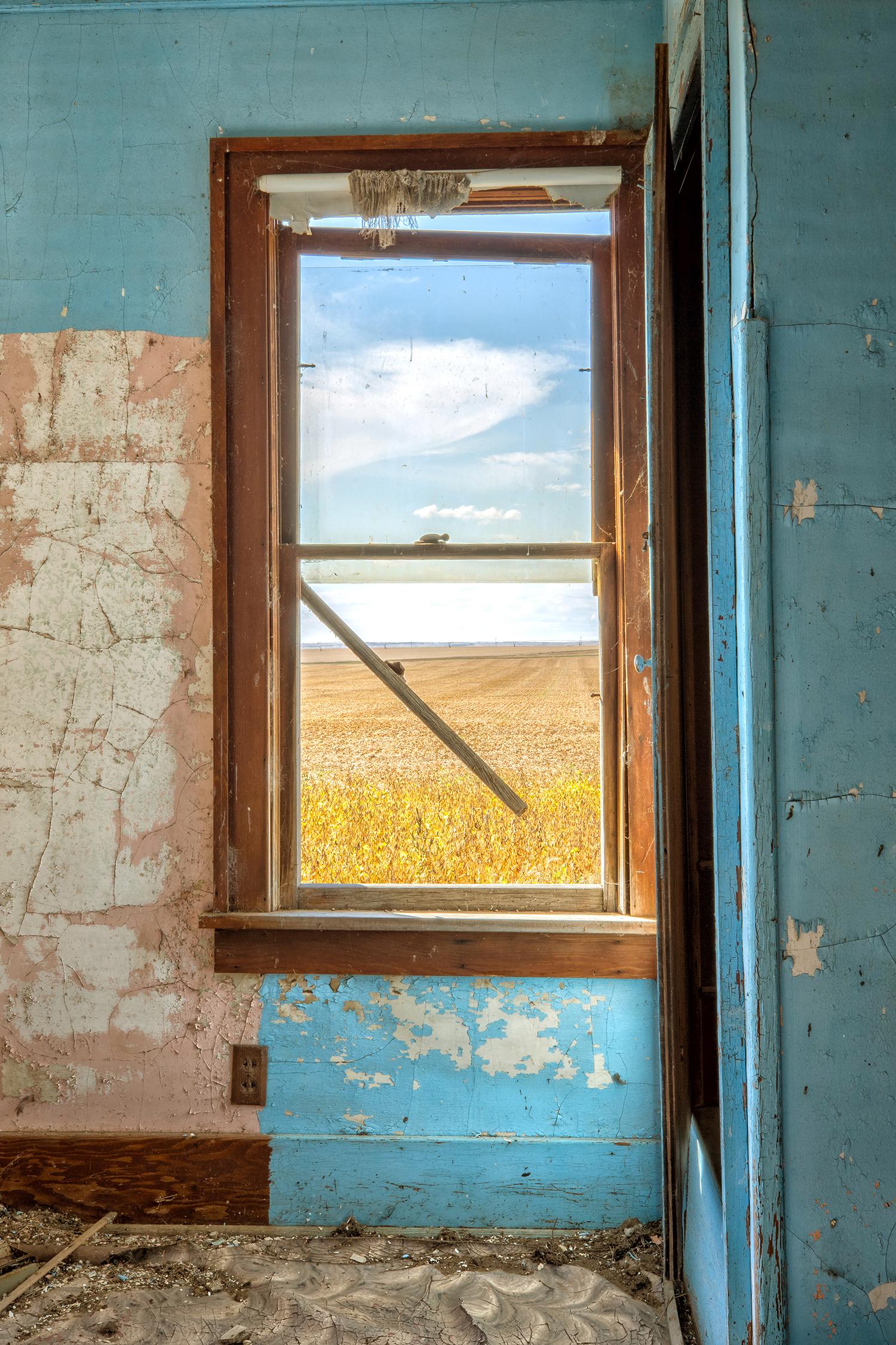 Rebecca Skinner Landscape Photograph - "Interior V", landscape, North Dakota, window, field, blue, color photograph