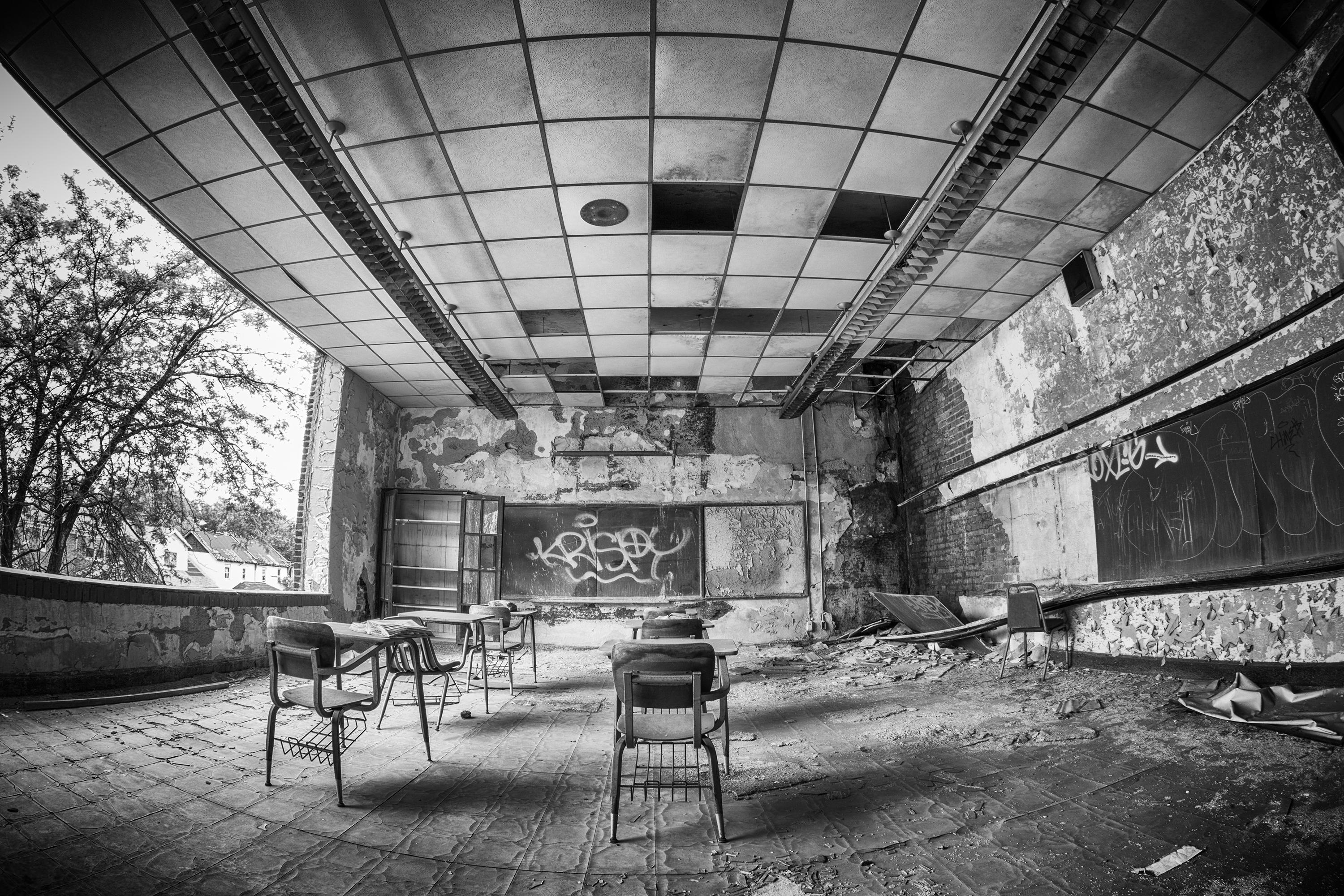 "Krispy", contemporain, école, salle de classe, noir, blanc, Indiana, photographie.