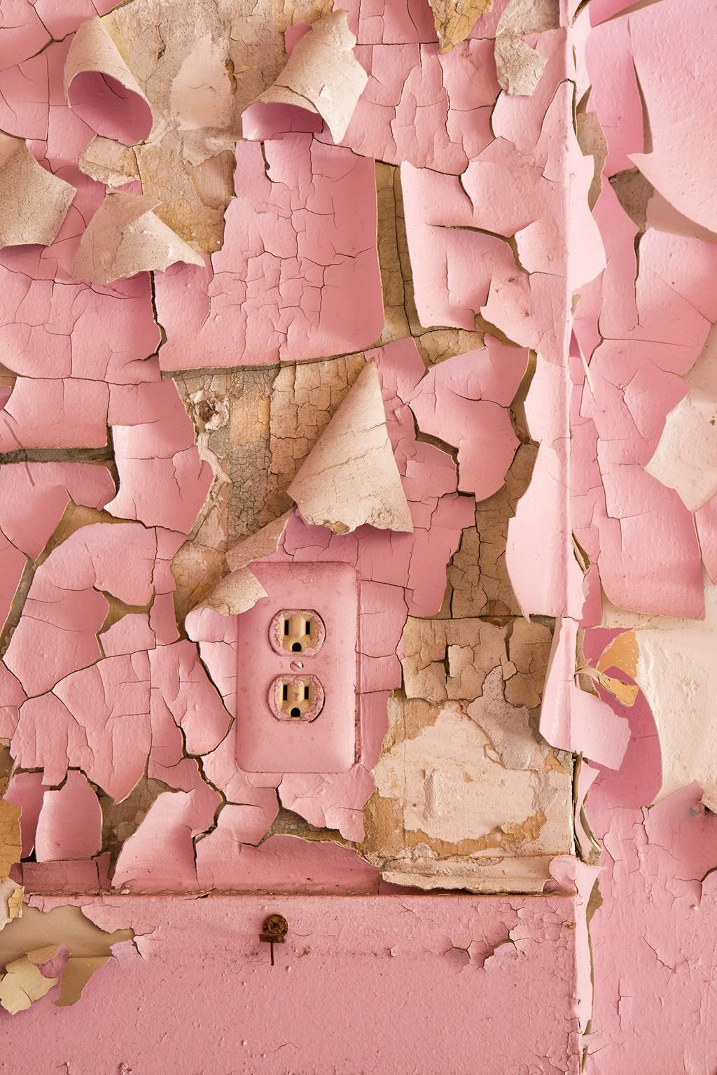 "Linger", abandoned, peeling paint, outlet, metal print, pink, color photograph