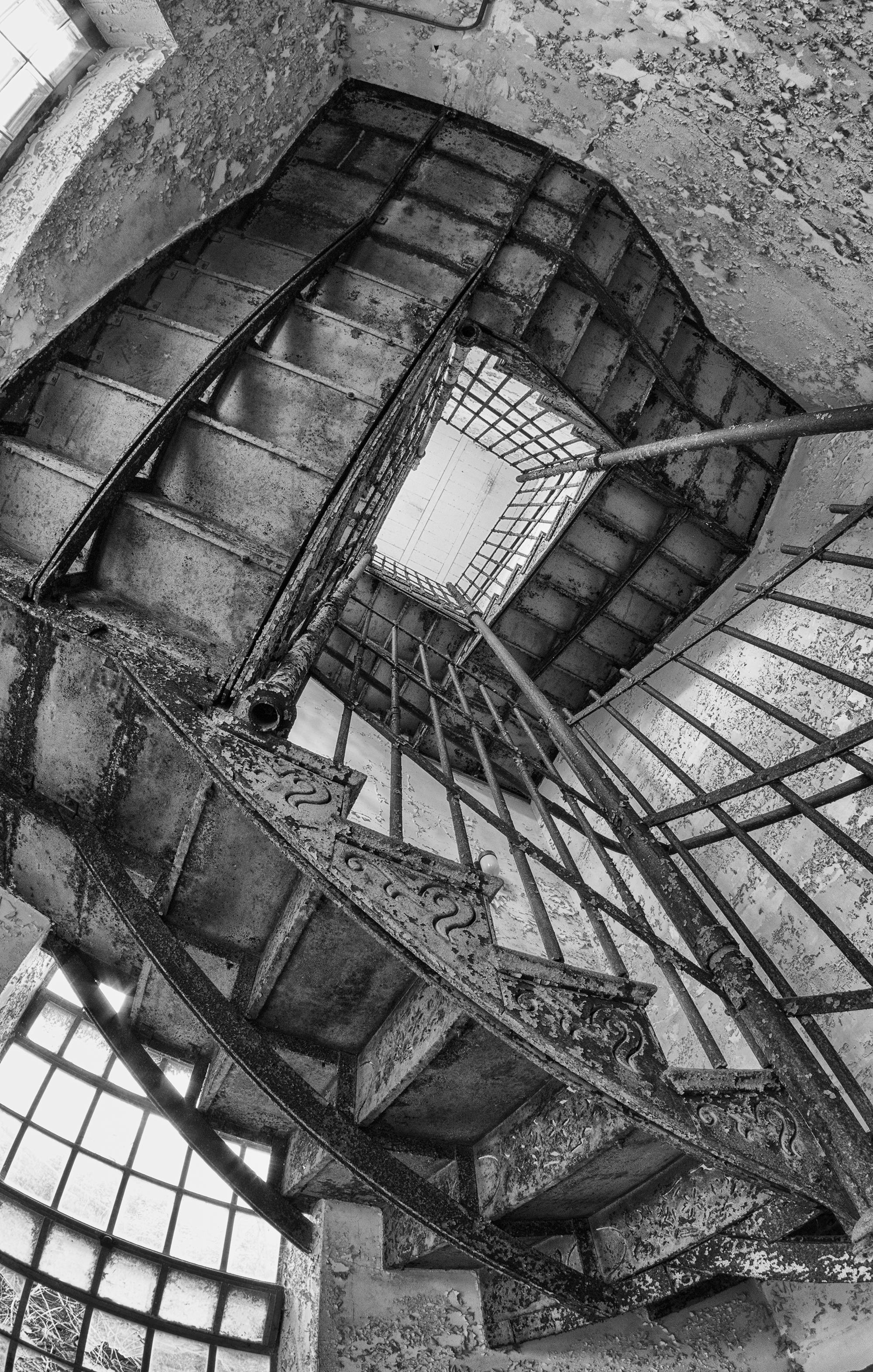 "Looking Up", Contemporain, Abandonné, Impression sur métal, Photographie en noir et blanc.