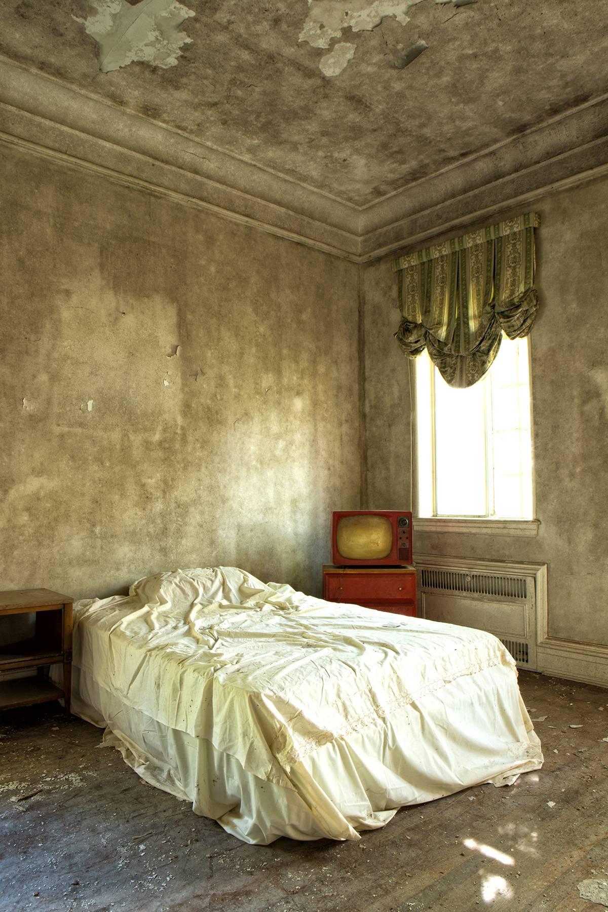 "Momentary", contemporary, abandoned, home, bedroom, red, color photograph