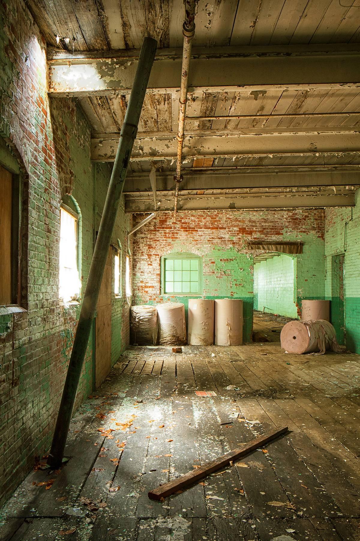 "Passing Time", abandoned paper mill, industrial, metal print, color photograph - Photograph by Rebecca Skinner