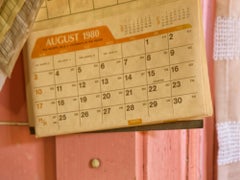 "Past", color photograph, vintage can opener, metal print, pink, white