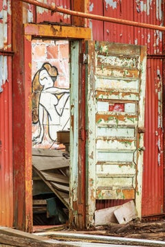 "Peep Show", abandoned, graffiti, woman, figure, red, metal print, color photo