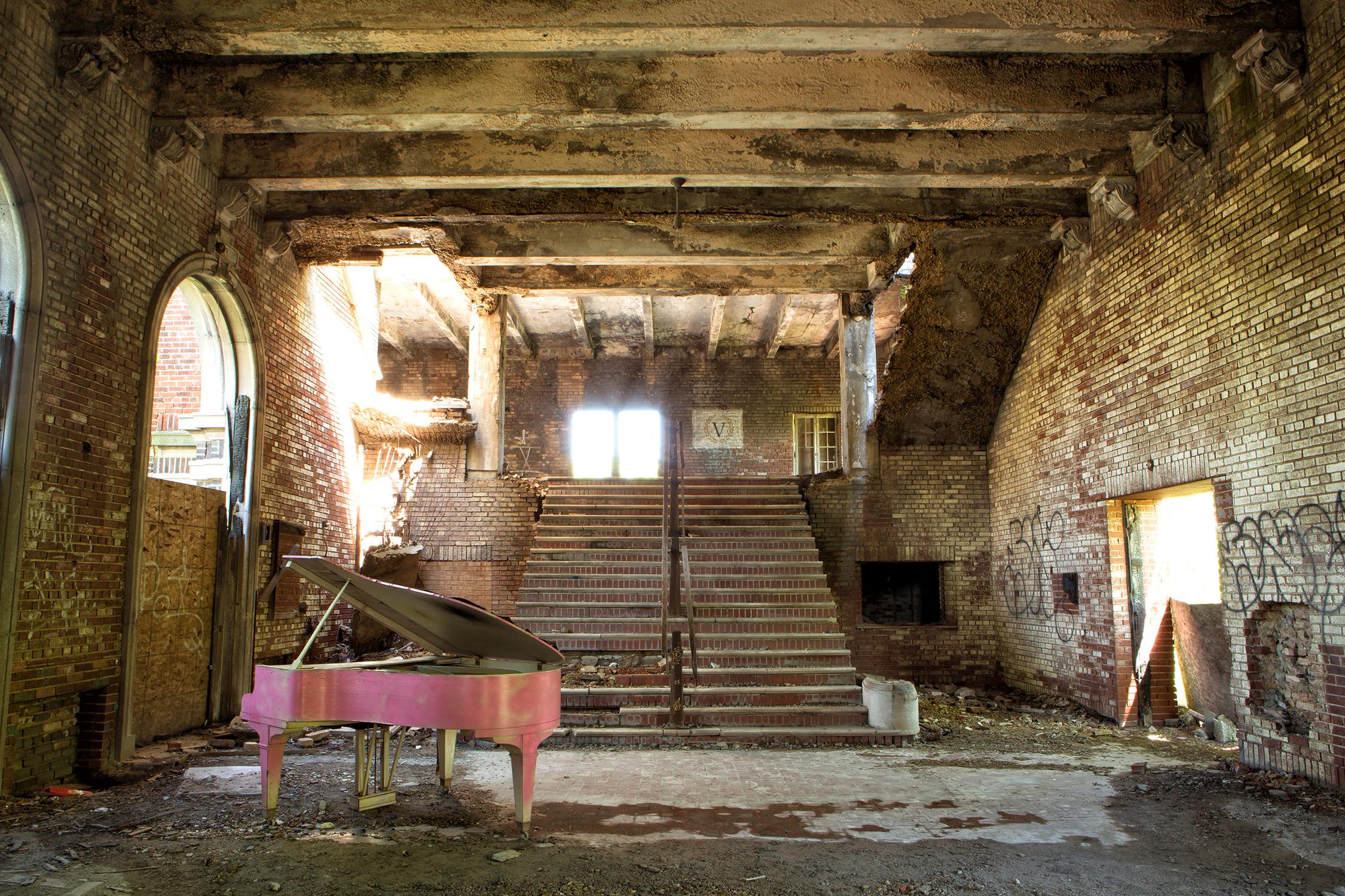 "Pink Piano", contemporary, abandoned, music, metal print, color photograph - Photograph by Rebecca Skinner