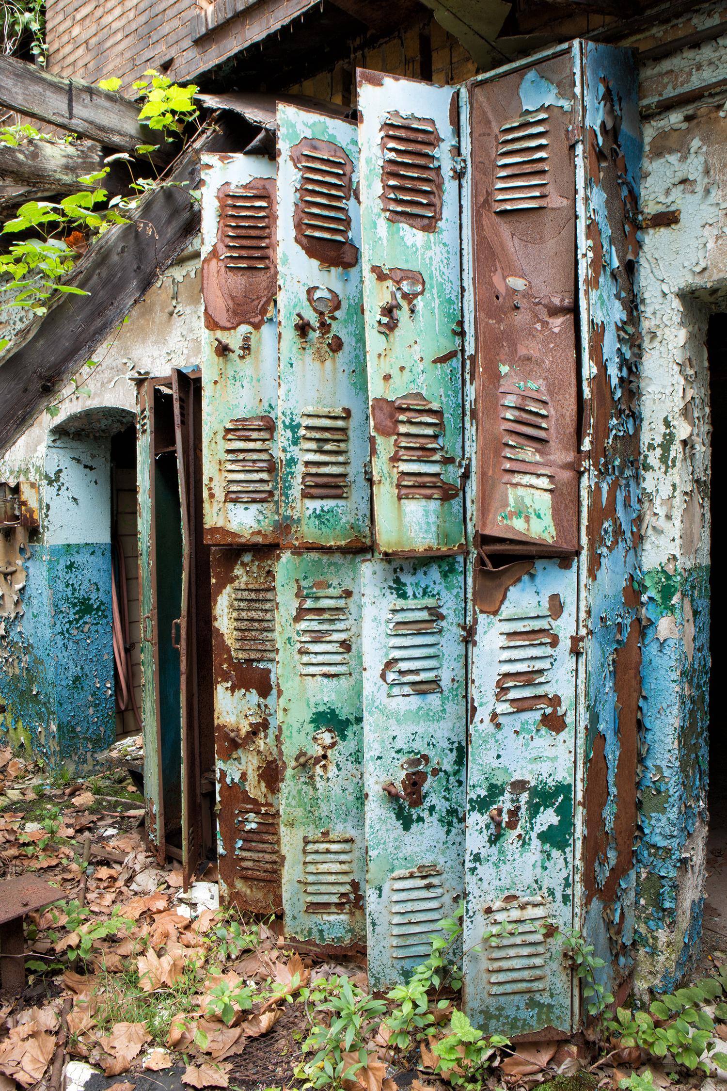 "Prolonged", contemporary, lockers, nature, rust, blue, green, color photograph - Photograph by Rebecca Skinner