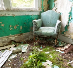 "Reach", Contemporary, Abandoned, Chair, Nature, Green, Blue, Color Photograph