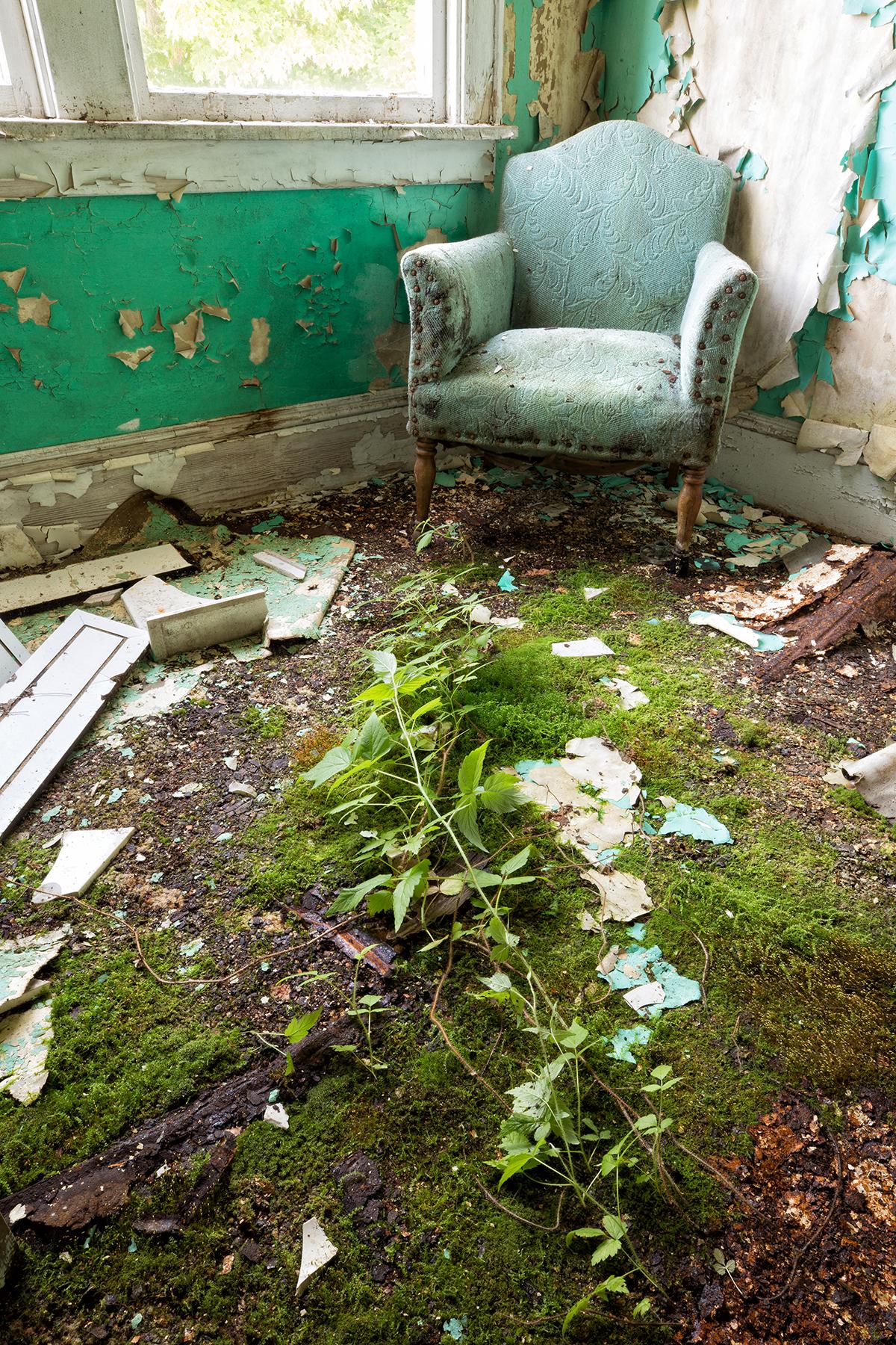 "Reach", contemporary, abandoned, chair, nature, green, blue, color photograph - Photograph by Rebecca Skinner