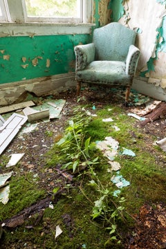 "Reach", contemporary, abandoned, chair, nature, green, blue, color photograph