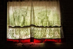 "Remember", Contemporary, Curtain, Green, Red, Metal Print, Color Photograph