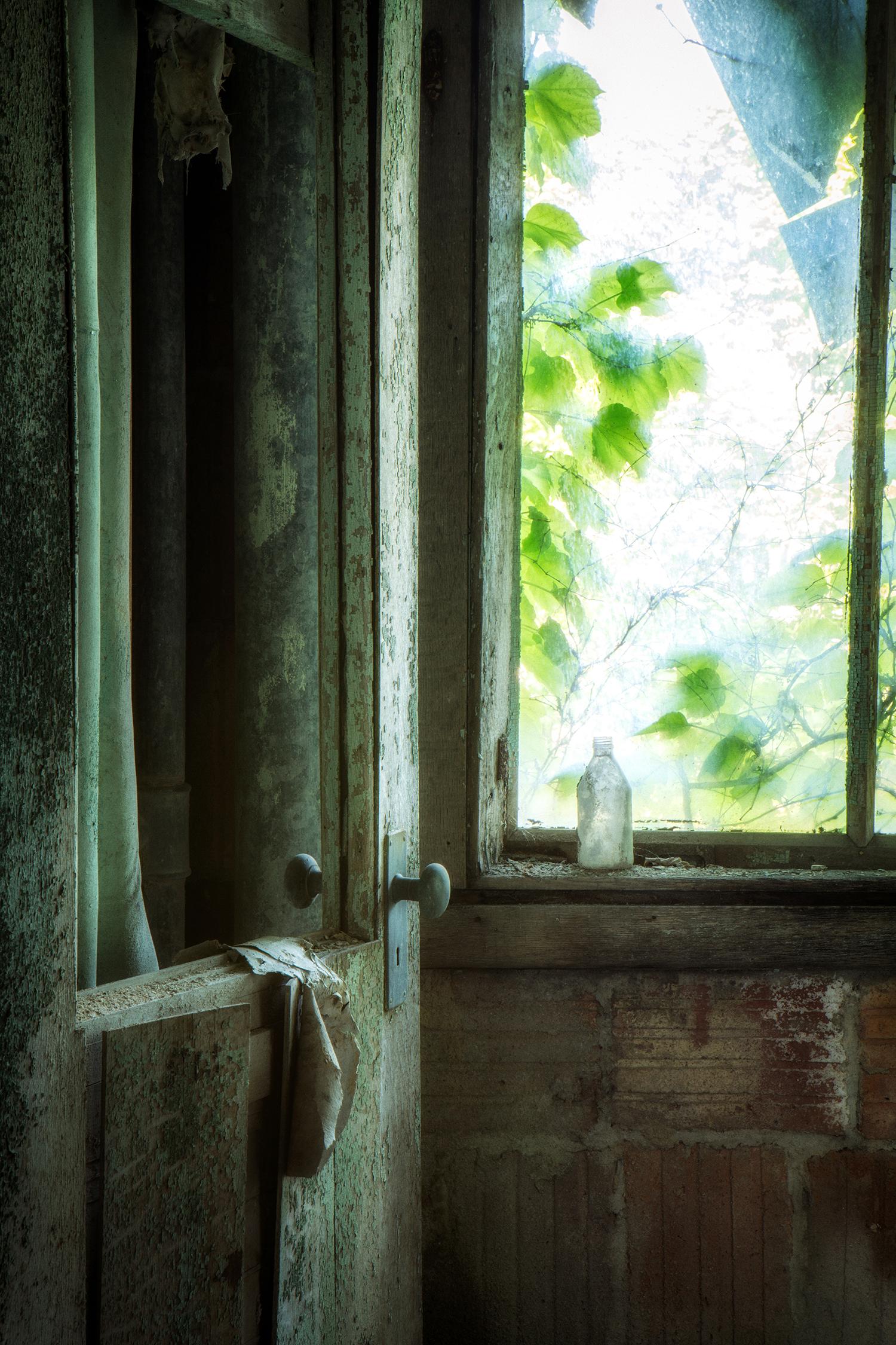 "Remnants", contemporary, abandoned, window, door, blue, green, color photograph