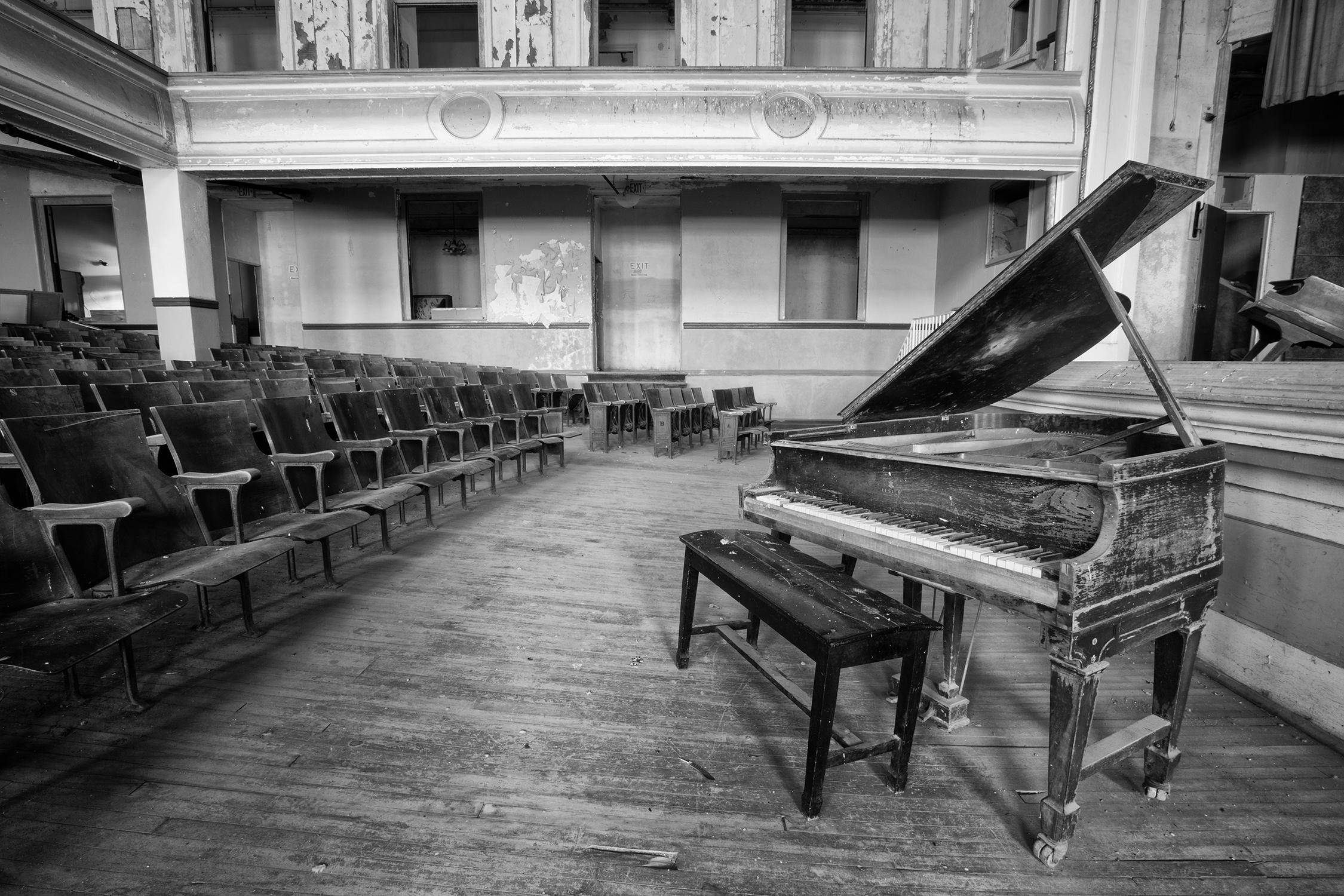 "Respite", contemporary, piano, auditorium, abandoned, interior, photograph - Photograph by Rebecca Skinner
