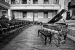 "Respite", photograph, black, white, piano, auditorium, abandoned, interior
