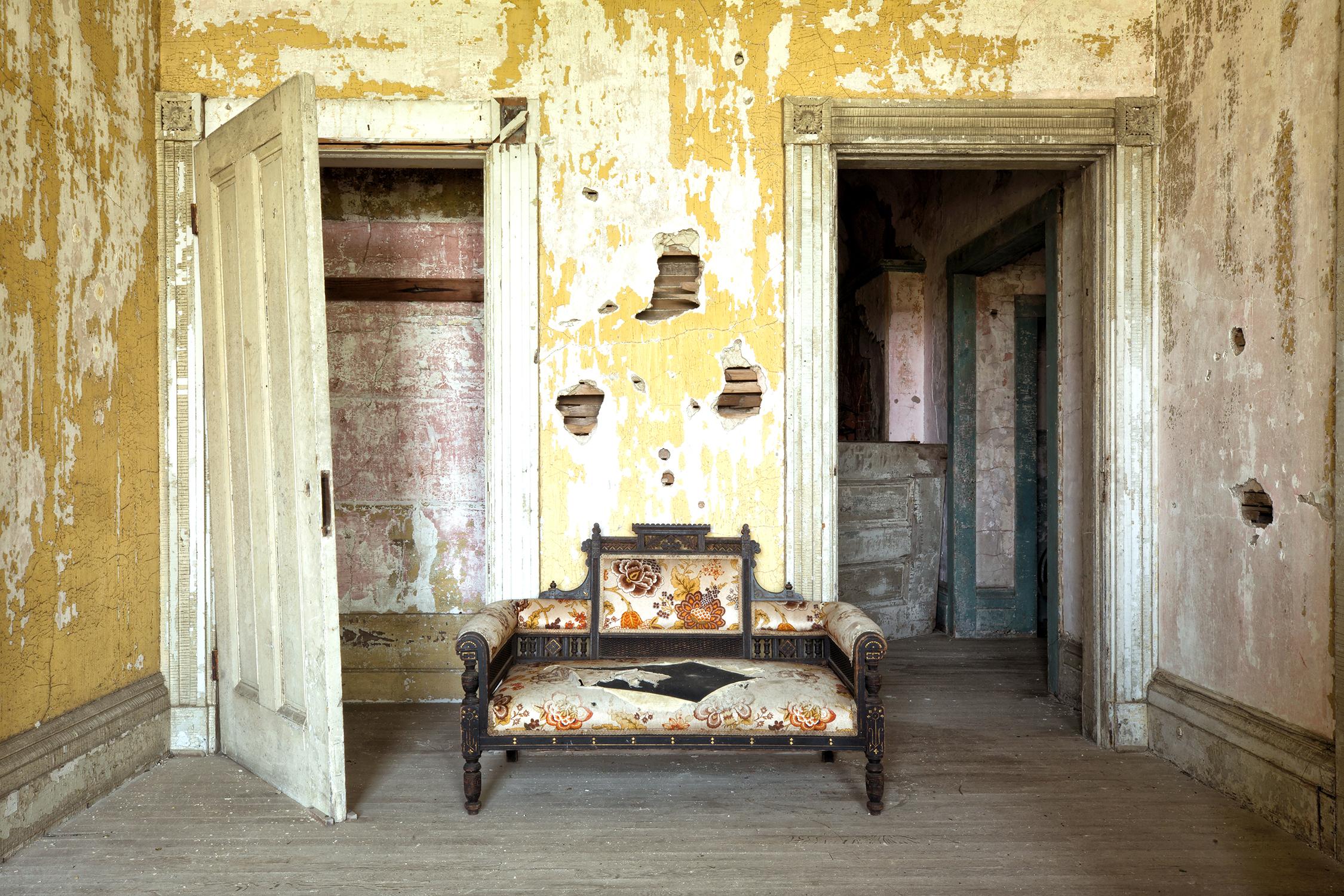 "Return", abandoned, Victorian, sofa, interior, yellow, pink, photograph