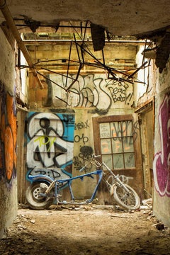 "Ride On", Contemporary, Abandoned Interior, Motorcycle, Graffiti, Color Photo