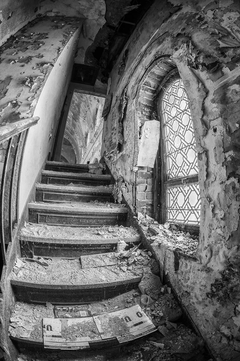 "Sanctum", contemporary, church, abandoned, staircase, window, black, photograph - Photograph by Rebecca Skinner