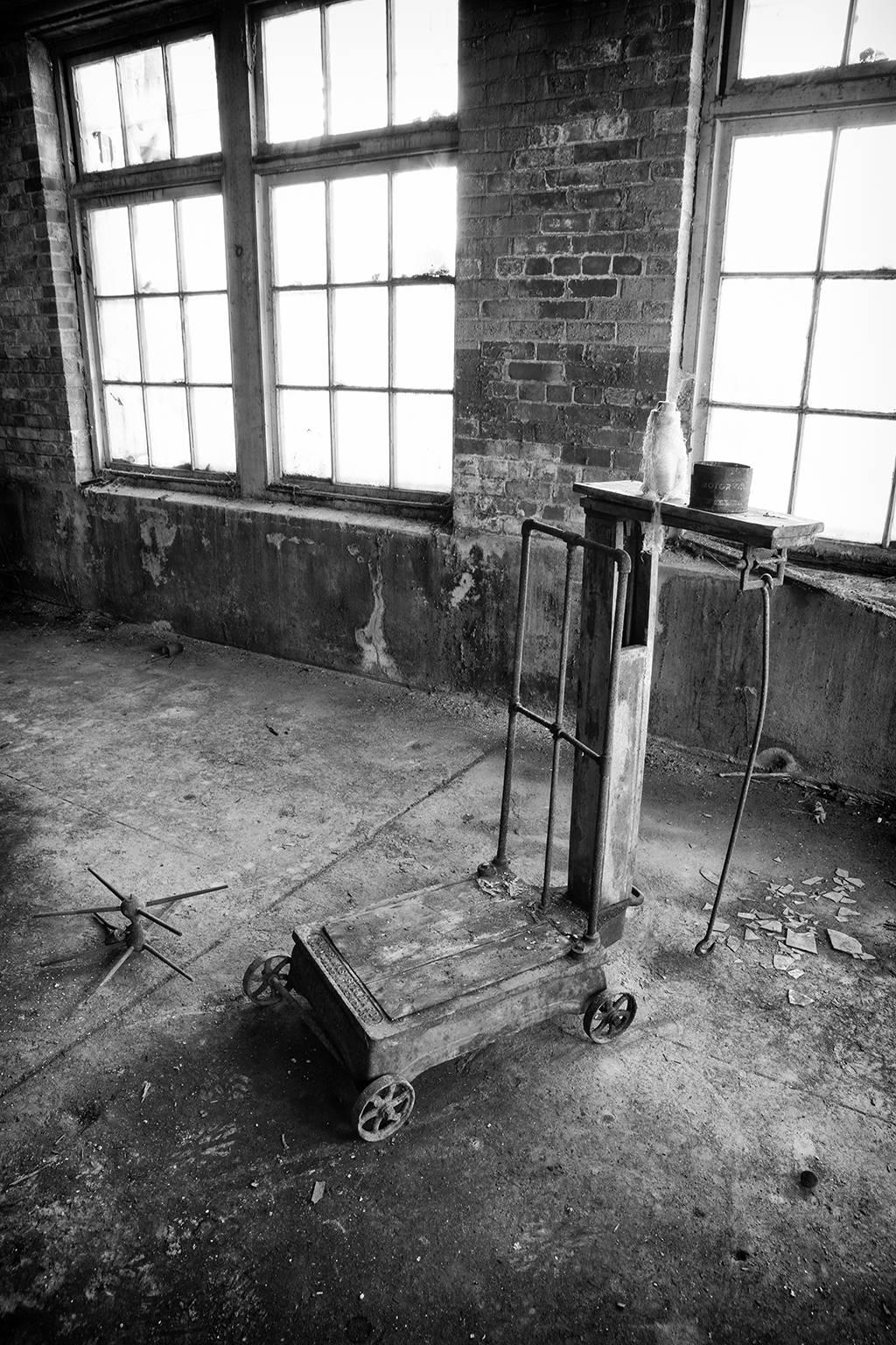 "Scale", industrial, black and white, abandoned, silk mill, vintage, photograph