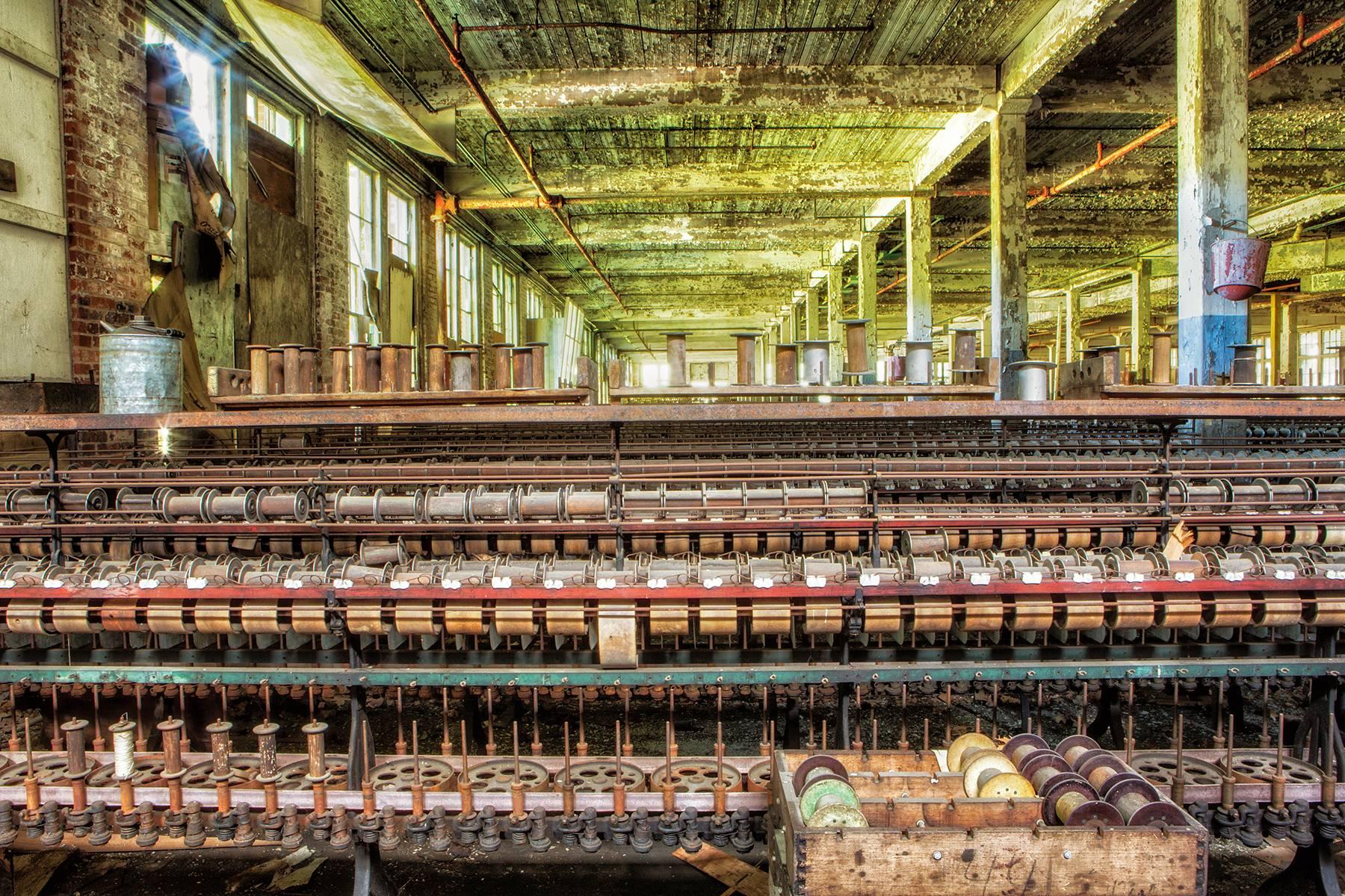"Silk Mill", abandoned, machinery, factory, industrial, color photograph - Photograph by Rebecca Skinner