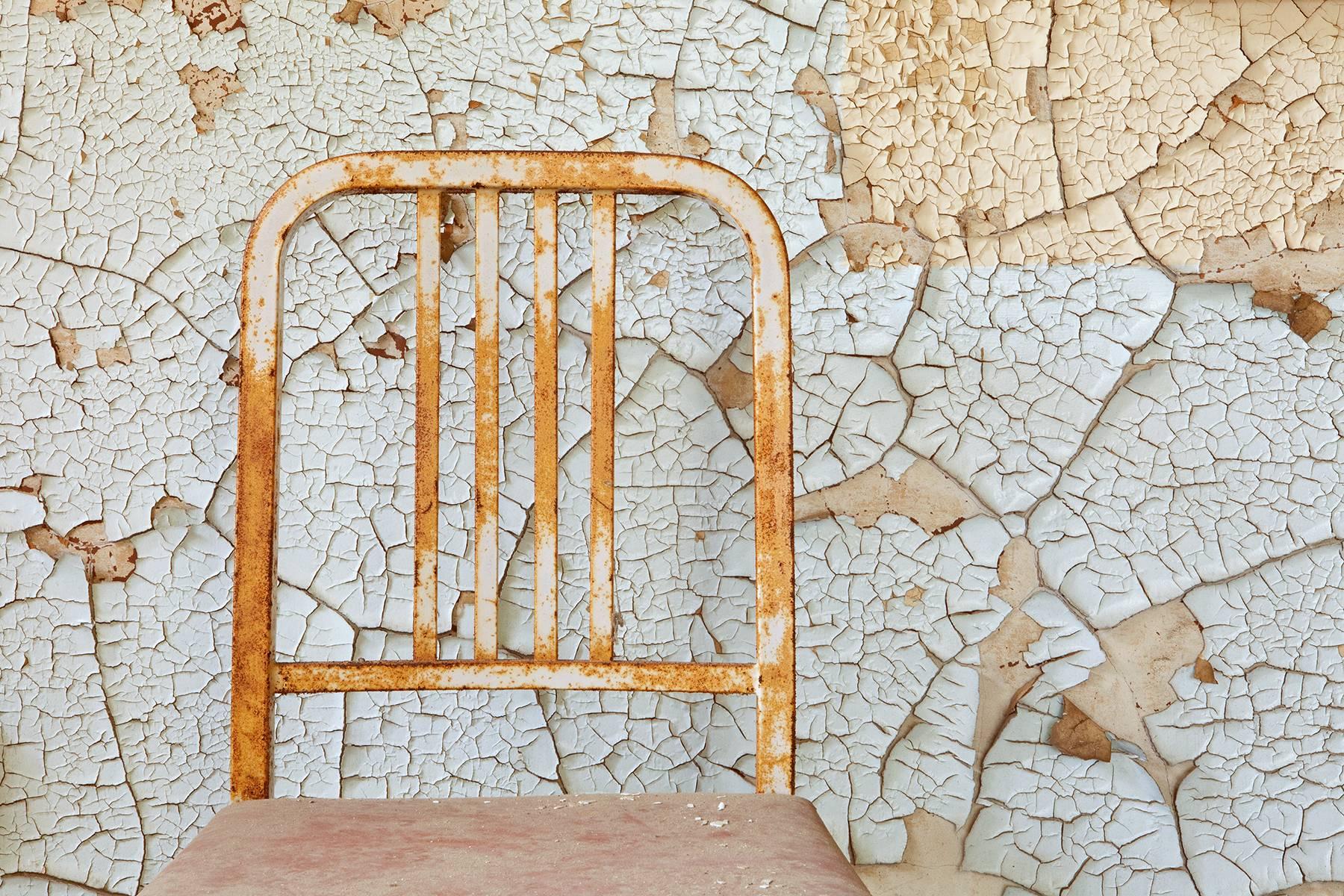 "Simple Chair", contemporary, rust, peeling paint, blue, beige, color photograph