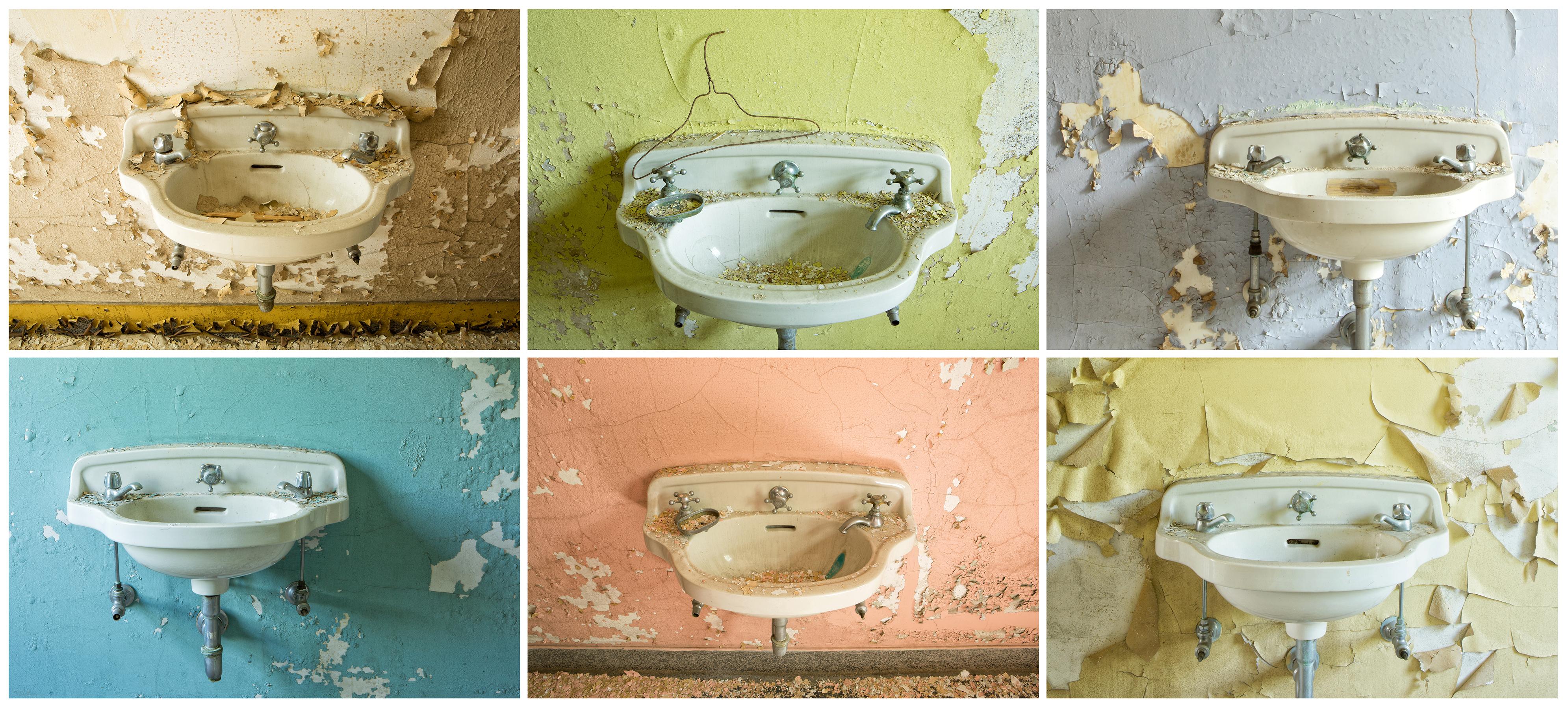 Rebecca Skinner Color Photograph - "Sink I - VI", color photograph, abandoned, pink, blue, green, yellow, beige