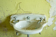 "Sink II", contemporary, abandoned, yellow, green, metal print, color photograph