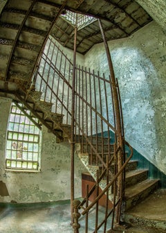 "Stairway", Contemporary, Abandoned, Iron, Interior, Green, Color Photograph