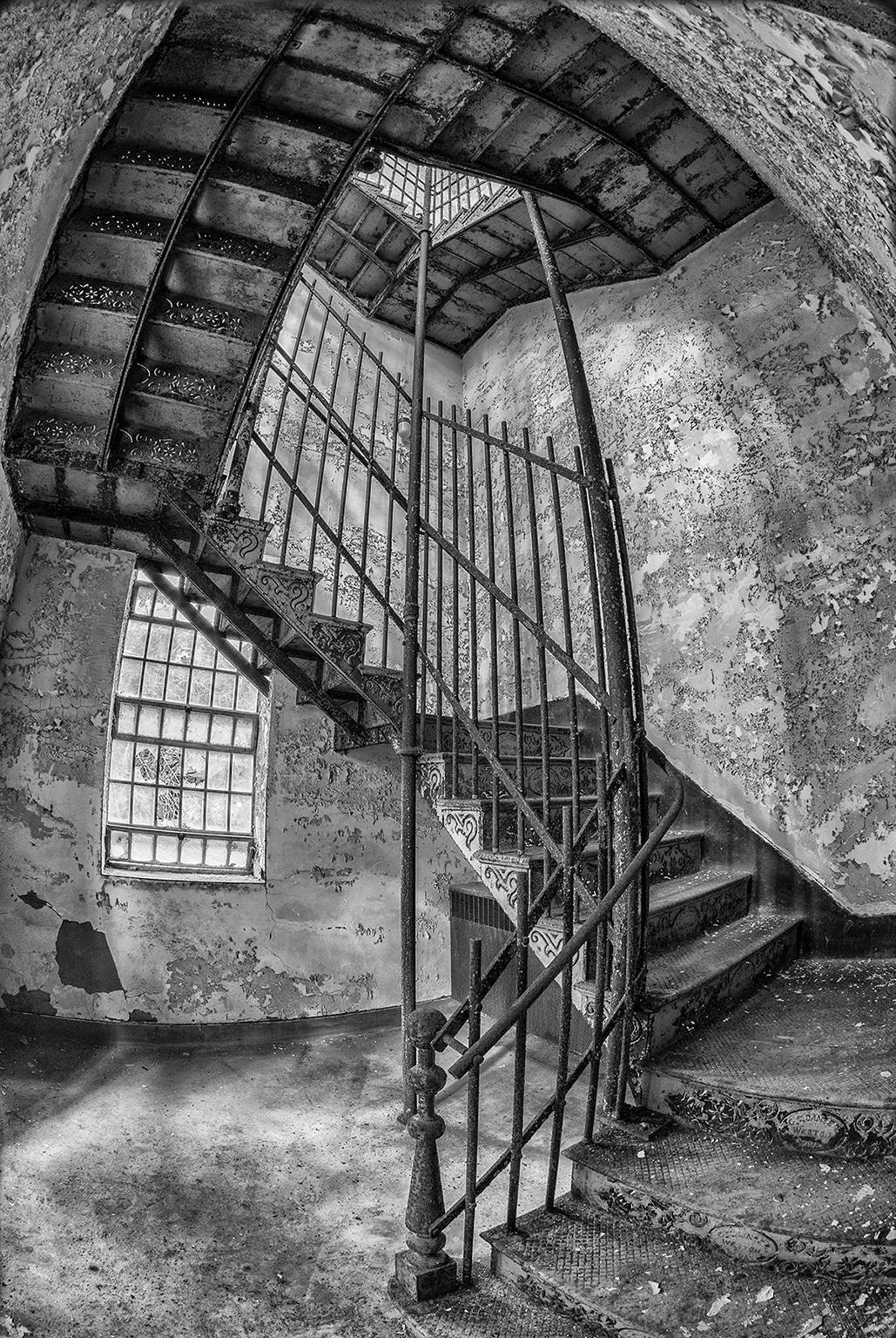 "Stairway", contemporary, black and white, abandoned, iron, steel, photograph - Photograph by Rebecca Skinner