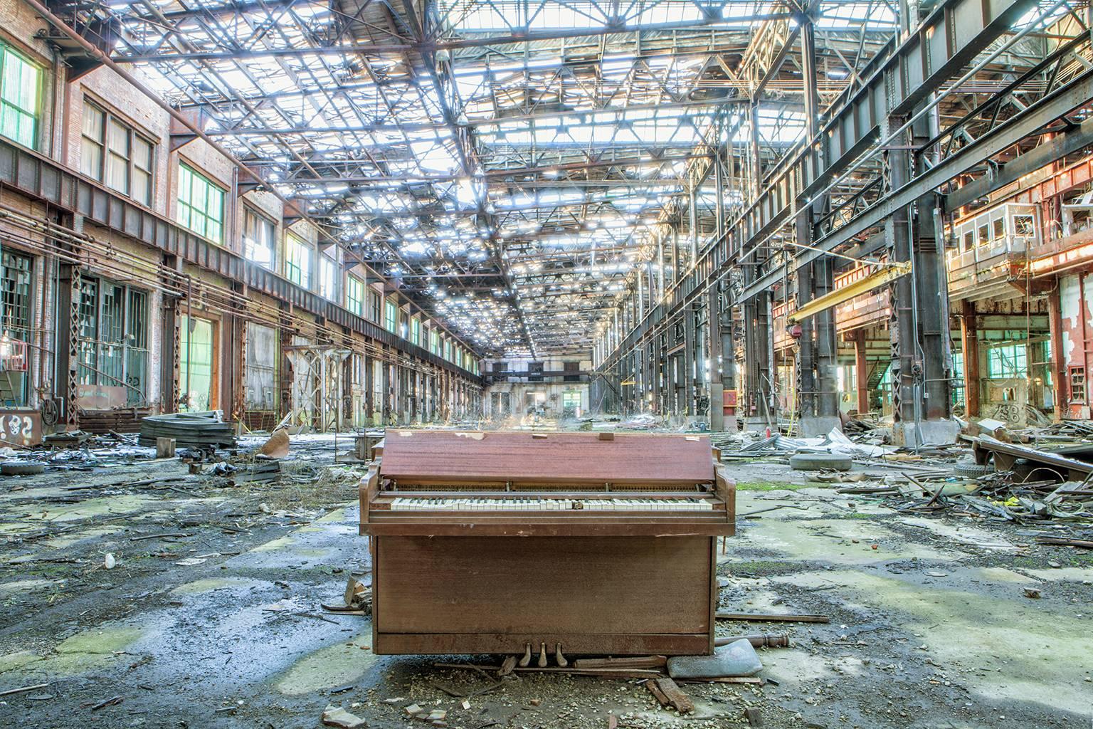 "The Piano", industrial, abandoned, landscape, blue, green, color photograph