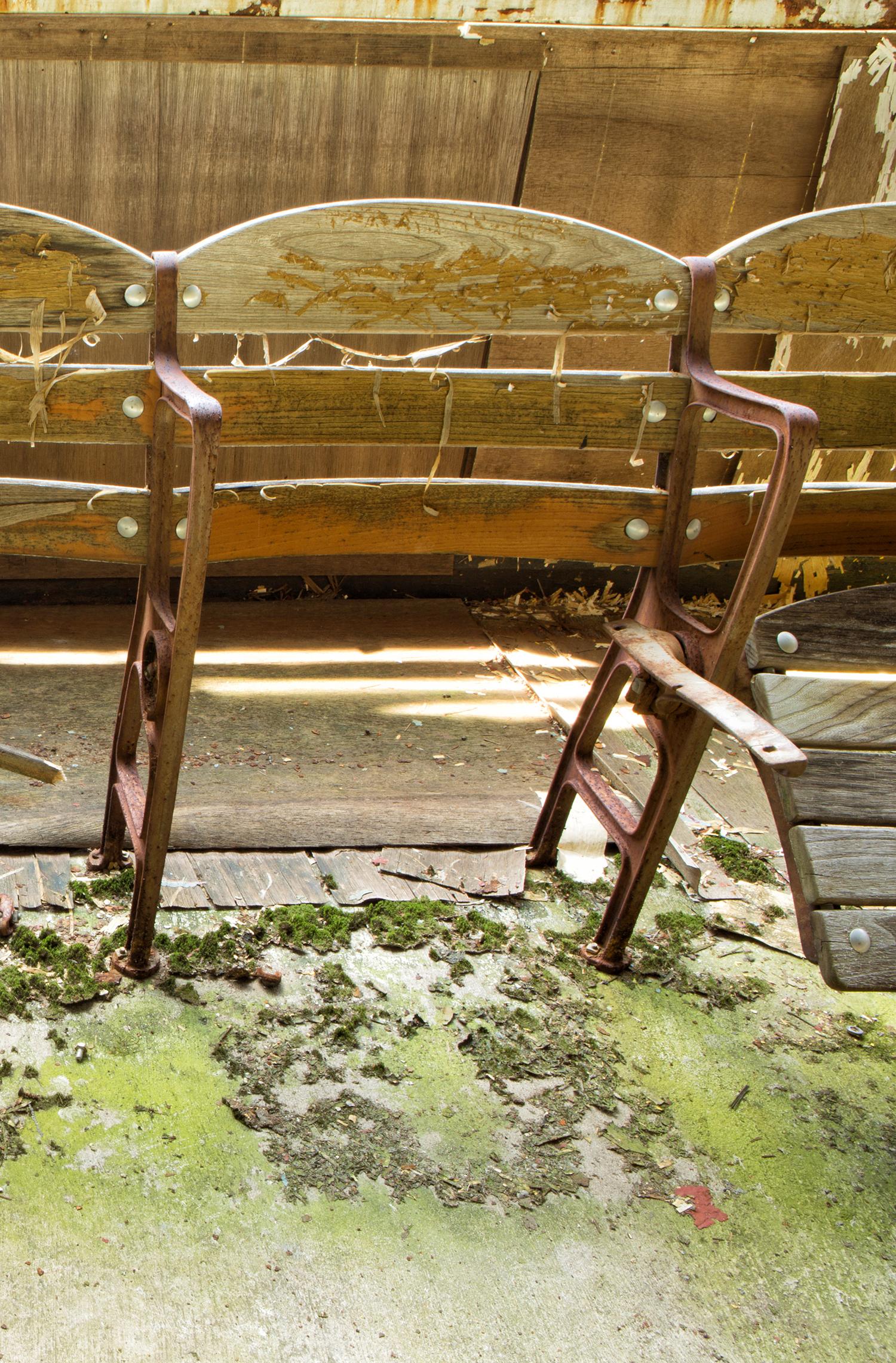 Rebecca Skinner’s “The Race is Over” is a 11.25 x 17 inch metal print of weathered stadium seating at an abandoned race track. The vintage brown wooden seats and green moss are a reminder of the passing time. The print has a satin finish and is