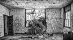 "The Root of the Problem", abandoned, black, white, tree, interior, photograph