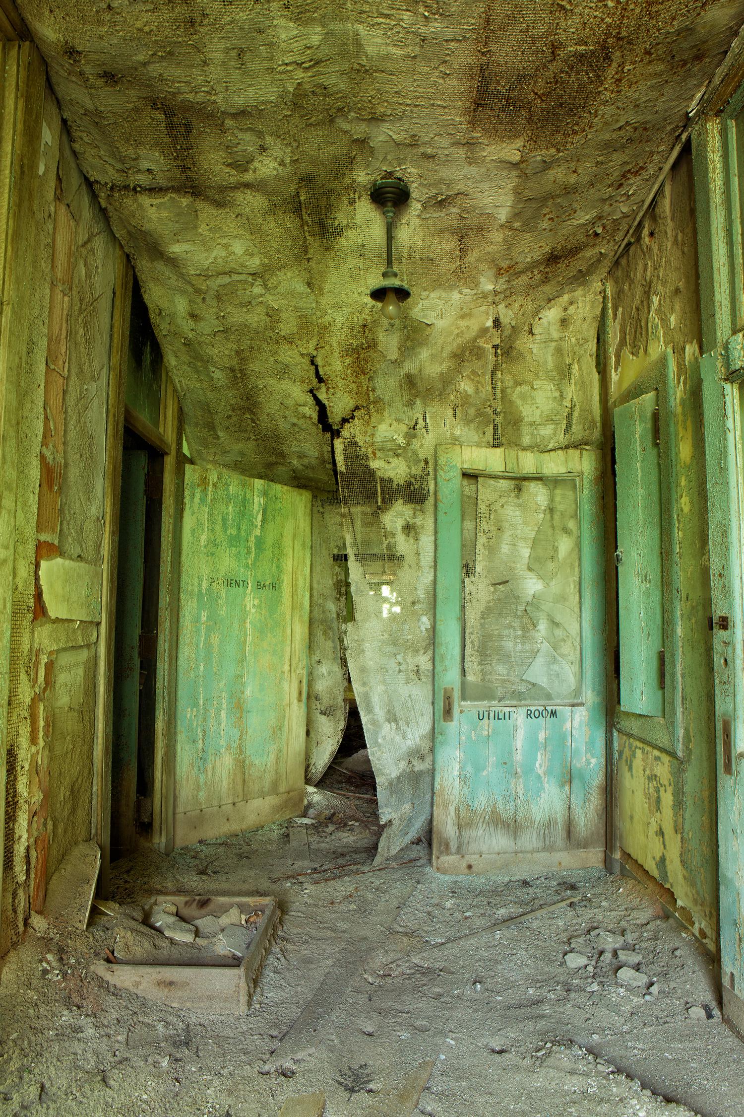 "To Dust", interior, abandoned place, architecture, green, color photograph - Photograph by Rebecca Skinner
