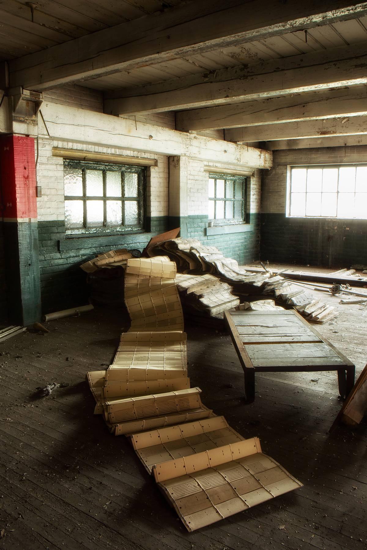 Rebecca Skinner Color Photograph - "Unravel", abandoned, factory, industrial, metal print, color photograph