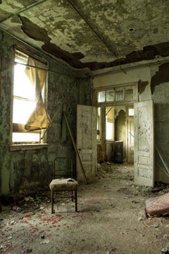 "Vanished", contemporary, abandoned, dark, chair, doors, color photograph