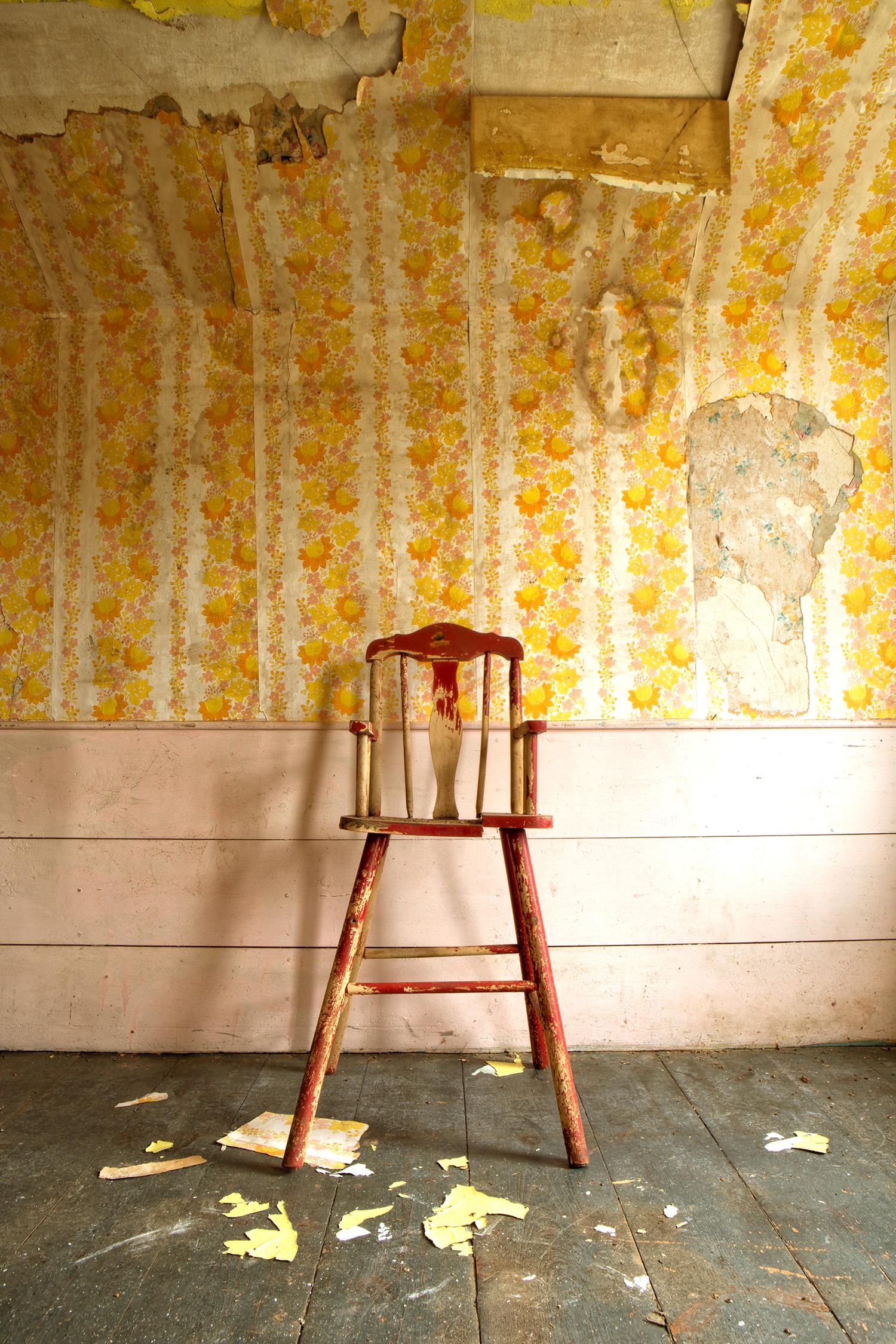 "Wait", contemporary, farmhouse, highchair, yellow, vintage, color photograph - Photograph by Rebecca Skinner